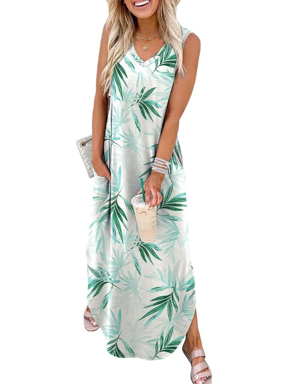 Women's Floral Green Bamboo Leaf Summer Maxi Dress Beach Sundress with Pocket